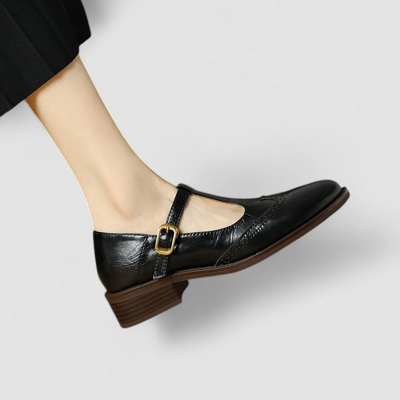 Celestine Browning | Cream Leather T-Strap Brogue Mary Jane Flats