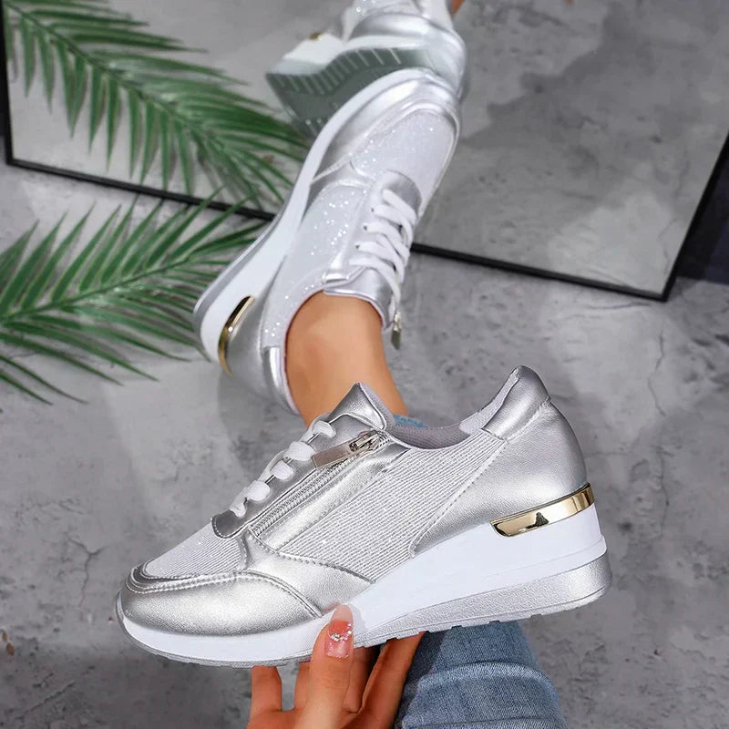 Elara Vanthorpe | Silver Metallic Platform Sneakers with Side Zipper
