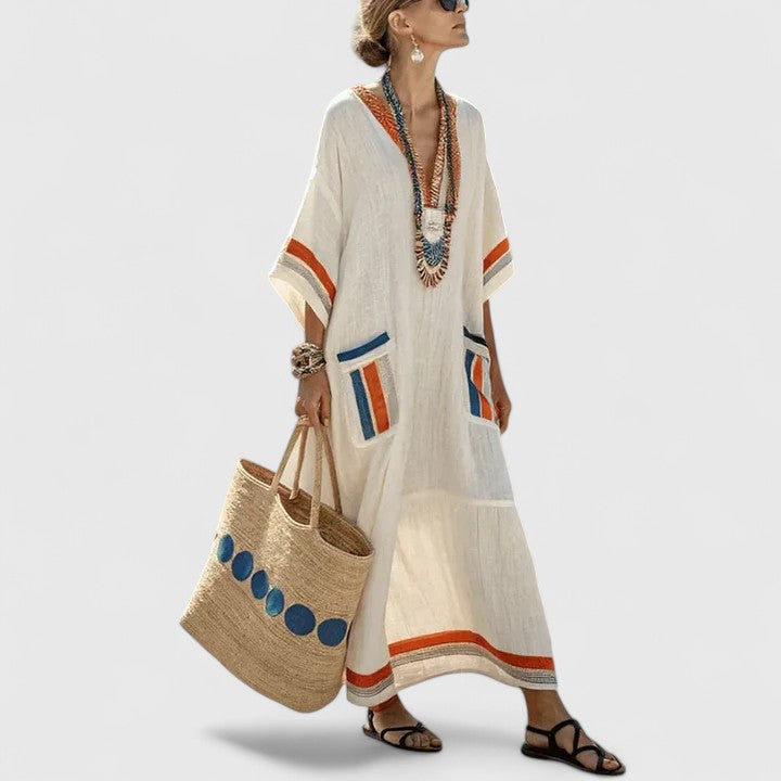 Fleurdelise Montague | V-Neck Striped Linen Maxi Dress with Pockets
