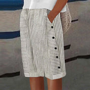 Florette Danbridge | Striped Linen-Cotton Cropped Shorts with Side Buttons