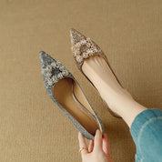 Clarisse Valenthorpe | Gold Glitter Block Heel Pumps with Crystal Buckle