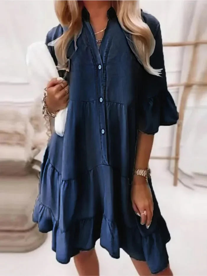 Eleanora Castlemore | Light Blue Tiered Ruffle Mini Dress Button-Down