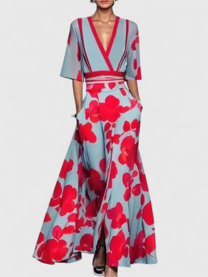 Rosalinde Vauclaire | Red Floral V-Neck Maxi Dress