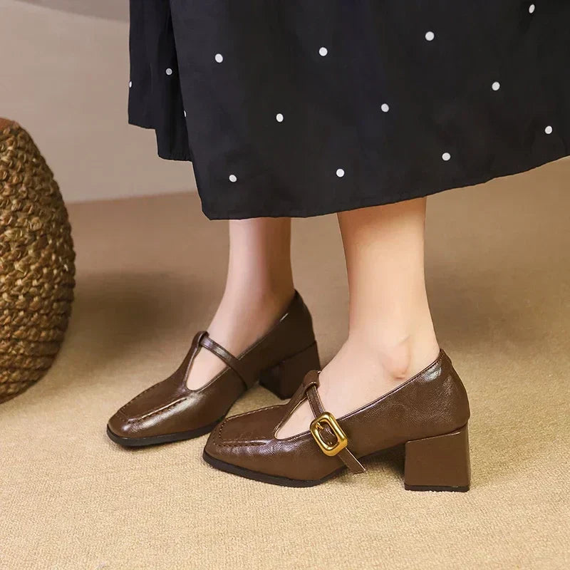 Colette Ravensdale | Brown Square Toe Mary Jane Block Heel