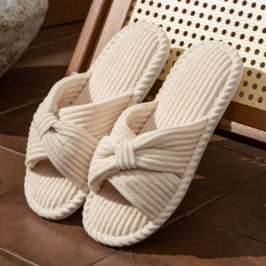 Loretta Wainscroft | Corduroy Bow Slide Slippers in Cream