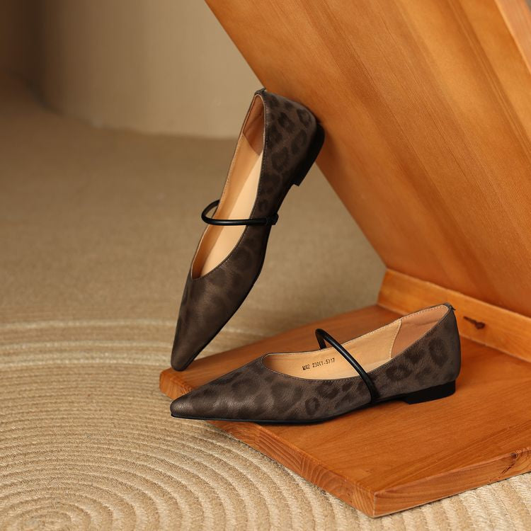 Odette Fairmont | Grey Leopard Pointed-Toe Leather Flats