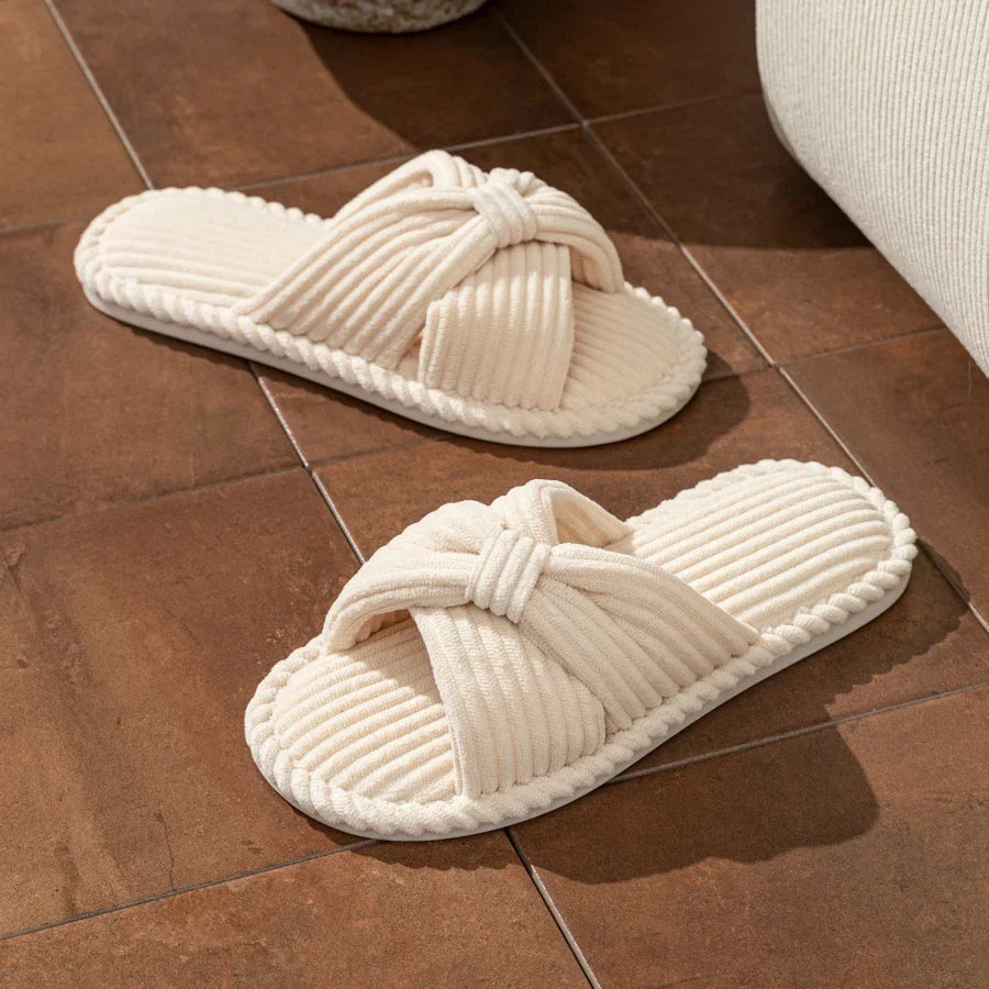 Loretta Wainscroft | Corduroy Bow Slide Slippers in Cream