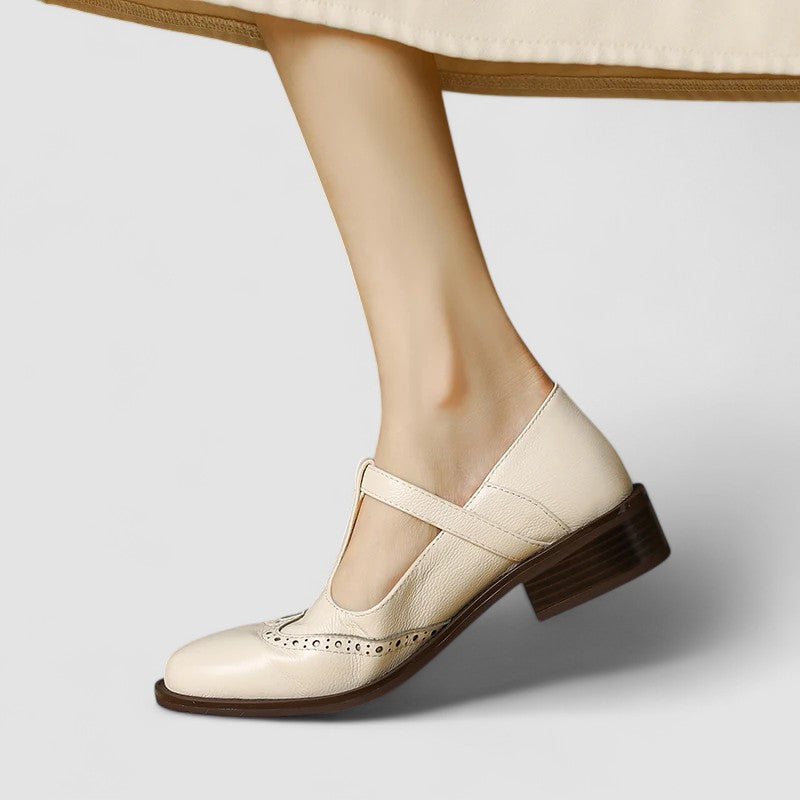 Celestine Browning | Cream Leather T-Strap Brogue Mary Jane Flats