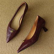 Violette Sanscourt | Burgundy Leather Pointed-Toe Heels with Gold Rose Detail