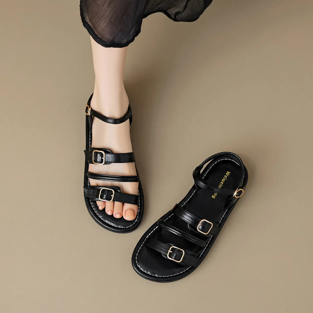 Colette Ravenswood | Brown Leather Triple-Buckle Sandals