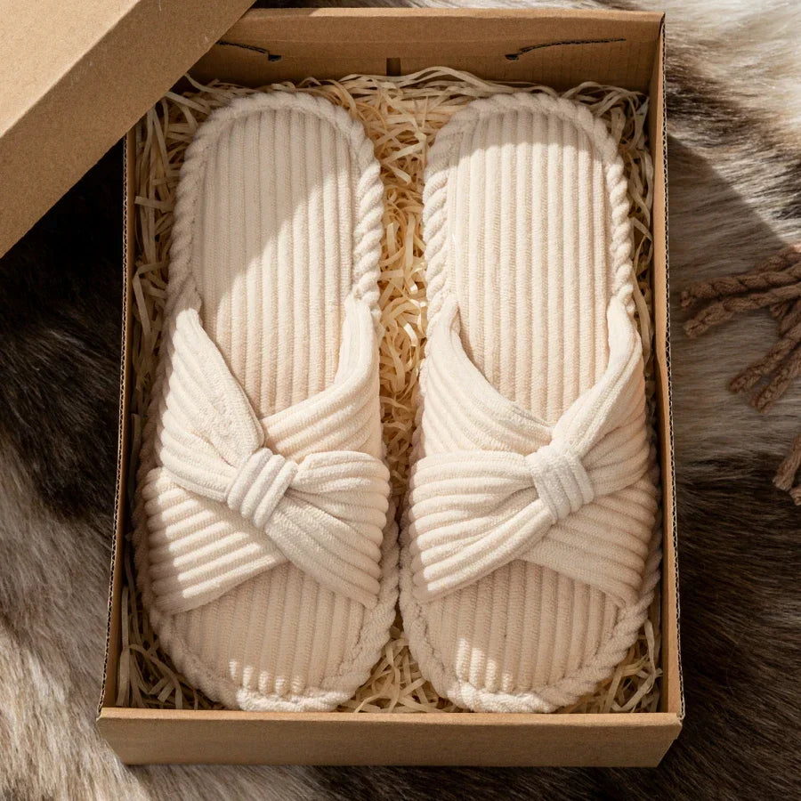 Loretta Wainscroft | Corduroy Bow Slide Slippers in Cream