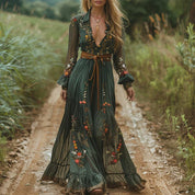 Alessandrina Voclaire | Bohemian Floral Embroidered Maxi Dress in Forest Green