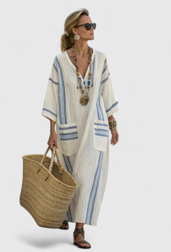 Seraphine Wolvecroft | White Striped V-Neck Maxi Dress