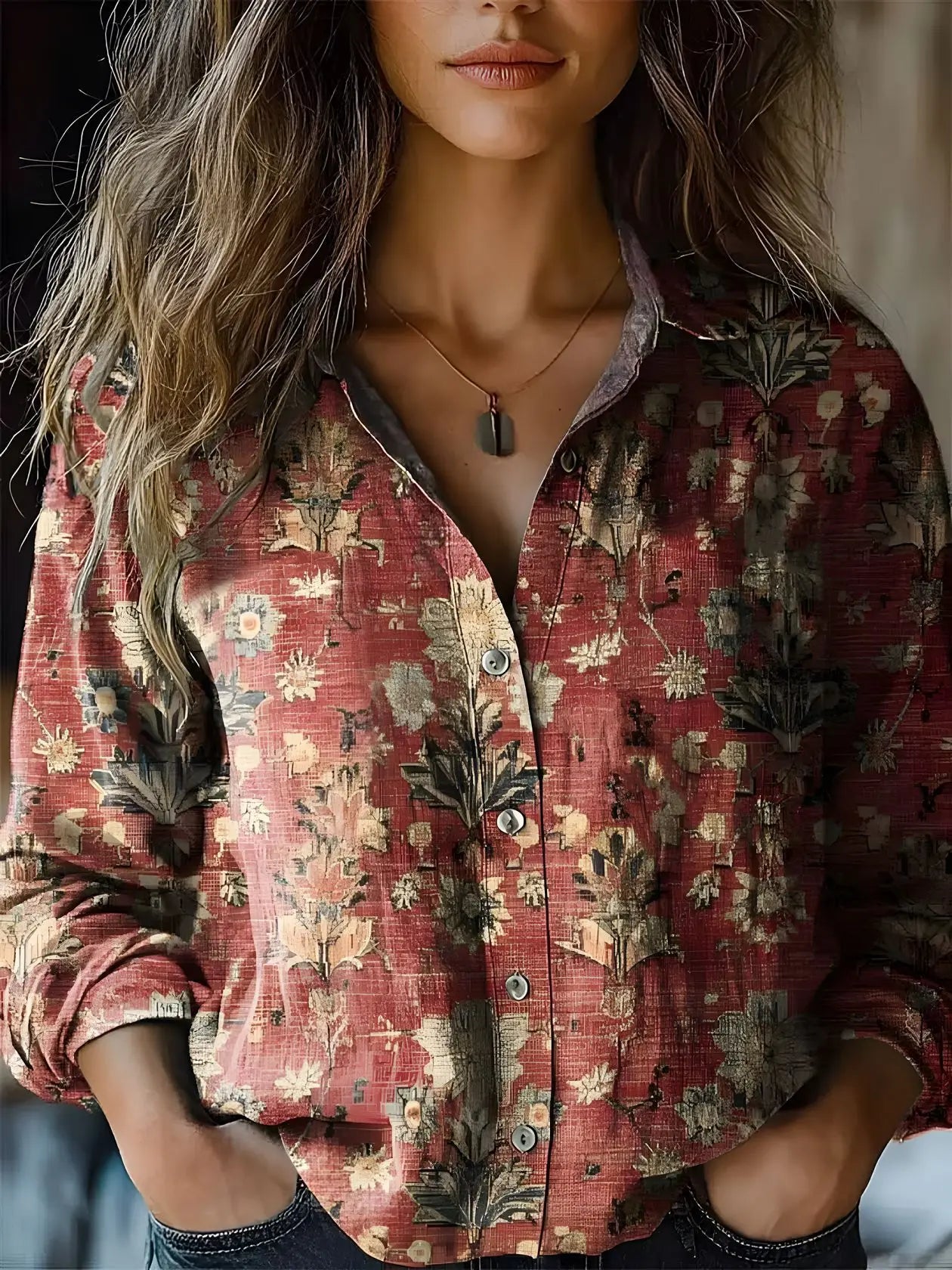 Genevra Winsford | Vintage Floral Print Long Sleeve Button-Down Shirt