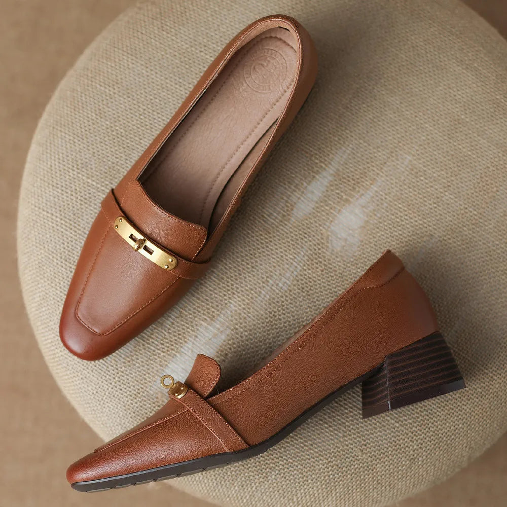 Thérèse Villeneuve | Brown Genuine Leather Low Block Heel Loafers