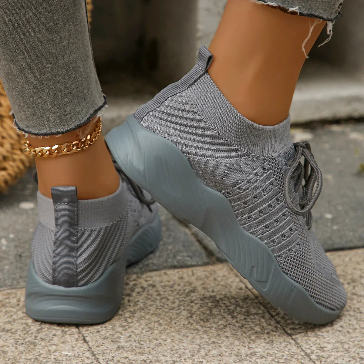 Emmeline Vaudreau | Beige Knit Lace-Up Sneakers for Women