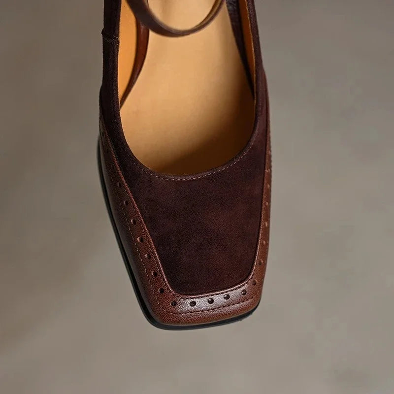 Clémence Beauvray | Brown Square Toe Block Heel Mary Jane Pumps