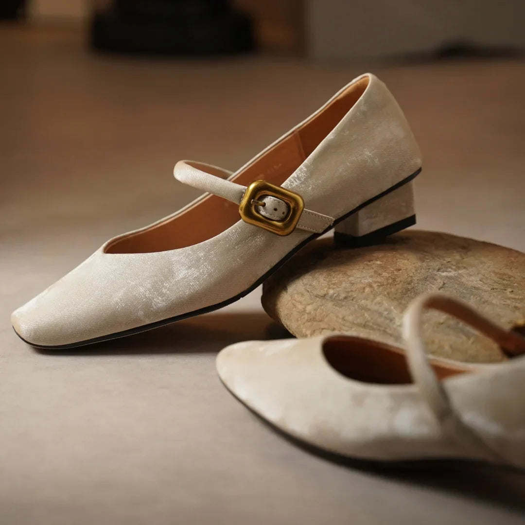 Sylvaine Delcroix | Velvet Mary Jane Heels with Gold Buckle