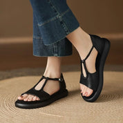 Claudia Ravensworth | Black Braided T-Strap Flat Sandals
