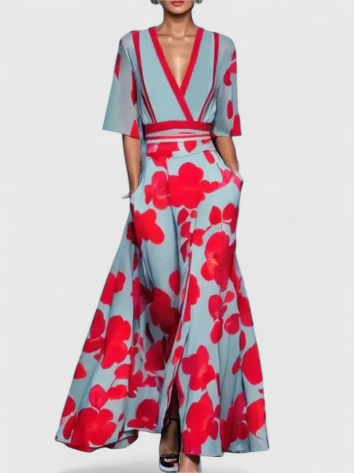 Rosalinde Vauclaire | Red Floral V-Neck Maxi Dress