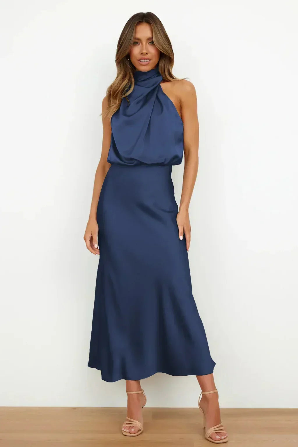 Seraffina Wolvecourt | Sage Green Satin Halter Midi Dress