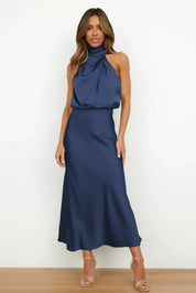 Seraffina Wolvecourt | Sage Green Satin Halter Midi Dress