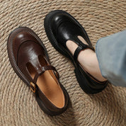 Clémence Fairweather | Brown T-Bar Mary Jane Shoes with Brogue Detail
