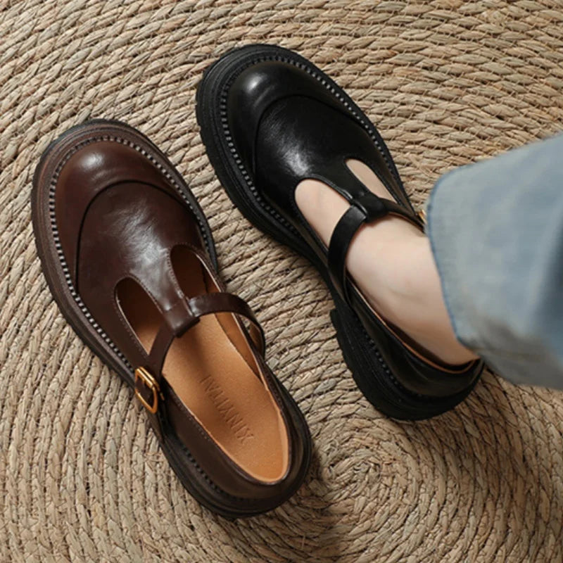 Clémence Fairweather | Brown T-Bar Mary Jane Shoes with Brogue Detail