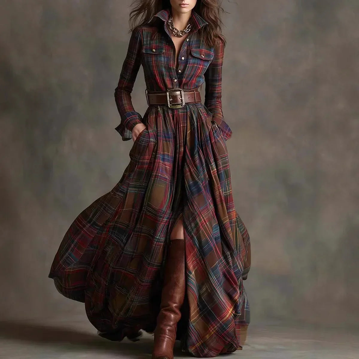 Isadora Pembridge | Tartan Plaid Maxi Shirt Dress with Belt