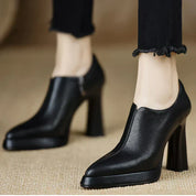 Auriane Blackmoor | Women's Platform Block Heel Pump with Side Zipper in Brown