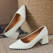 Arabella Kensington | White Block Heel Pointed-Toe Pumps
