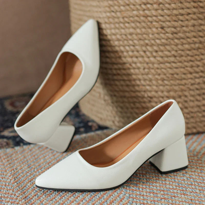 Arabella Kensington | White Block Heel Pointed-Toe Pumps