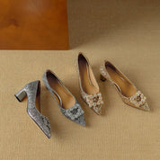 Clarisse Valenthorpe | Gold Glitter Block Heel Pumps with Crystal Buckle