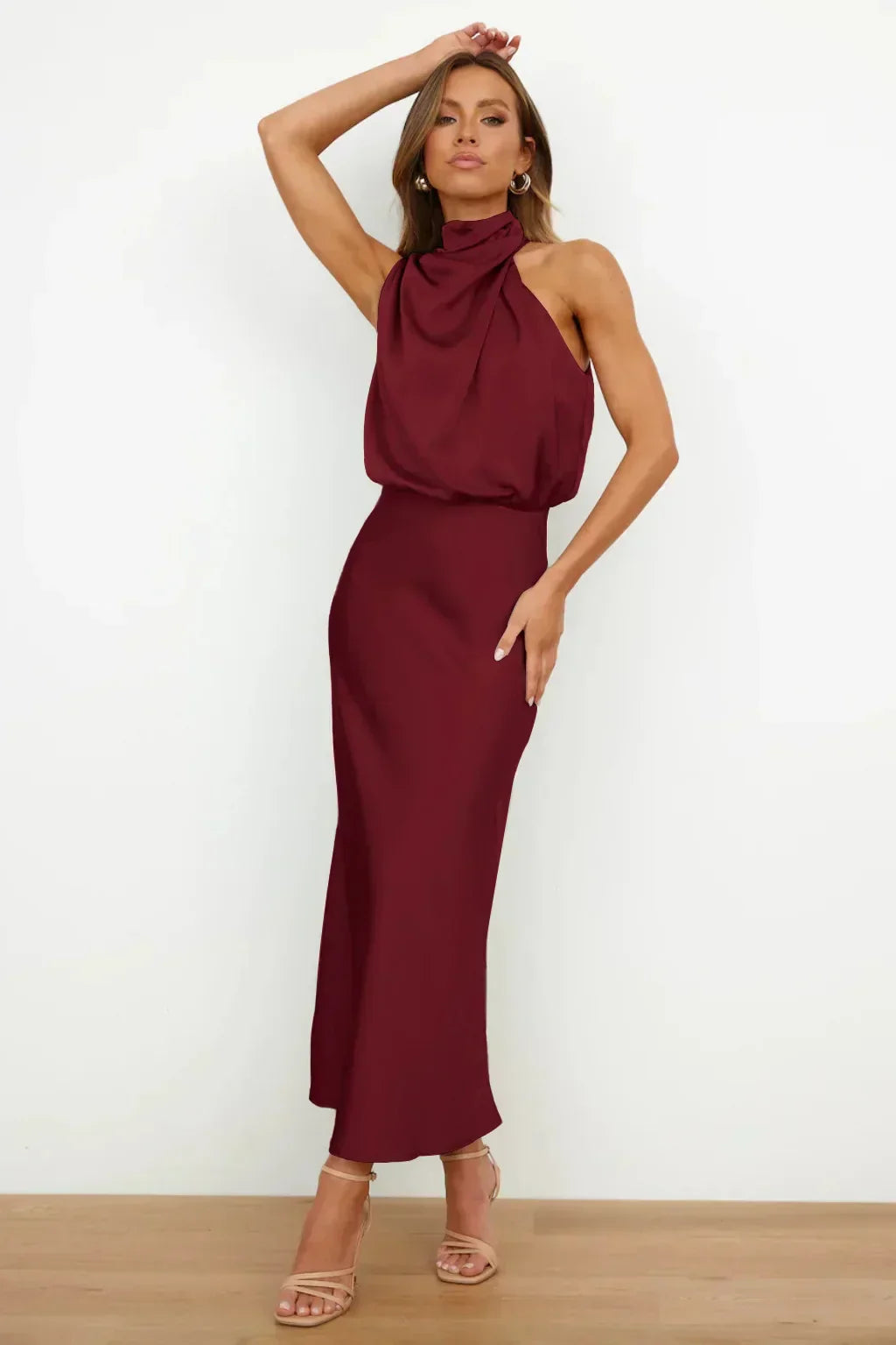 Seraffina Wolvecourt | Sage Green Satin Halter Midi Dress