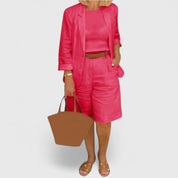 Thalia Renbourne | Coral Pink Linen Blazer & Shorts 2-Piece Set