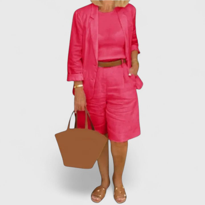 Thalia Renbourne | Coral Pink Linen Blazer & Shorts 2-Piece Set