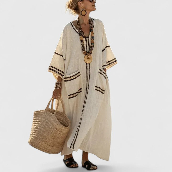 Solange Devereaux | Bohemian Maxi Dress in Cream Linen