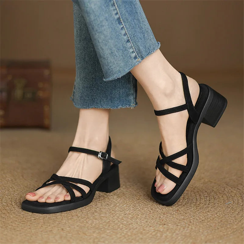 Rosalinde Caverton | Cream Leather Strappy Block Heel Sandals