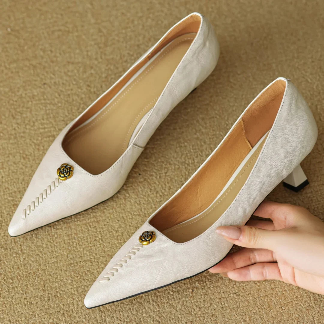Violette Sanscourt | Burgundy Leather Pointed-Toe Heels with Gold Rose Detail