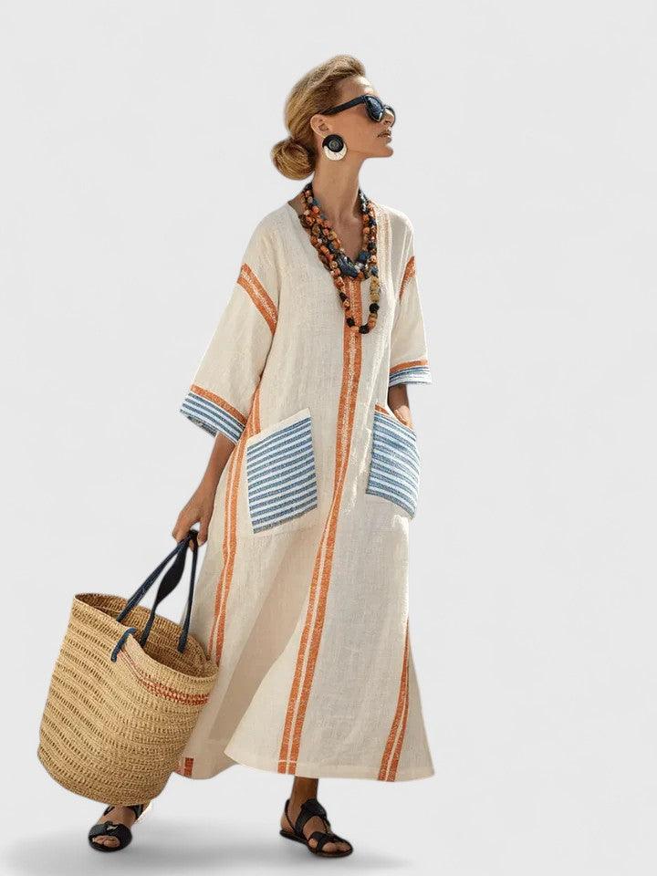 Seraphine Wolvecroft | White Striped V-Neck Maxi Dress