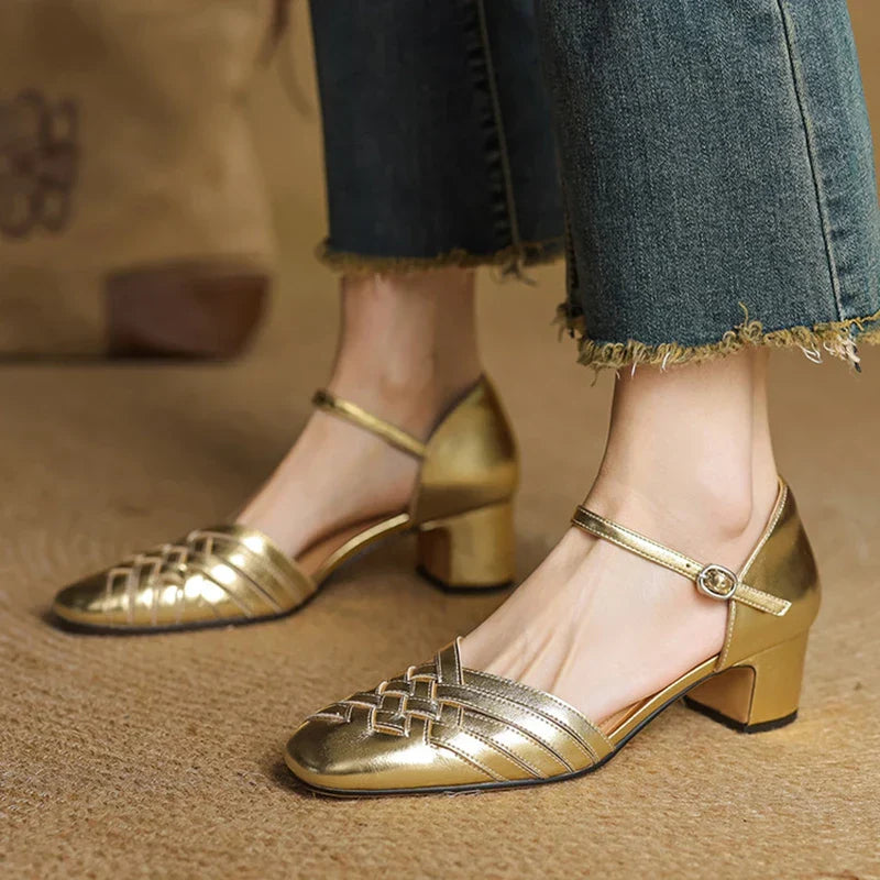 Emmanuelle Davoust | Woven Genuine Leather Block Heel Pumps