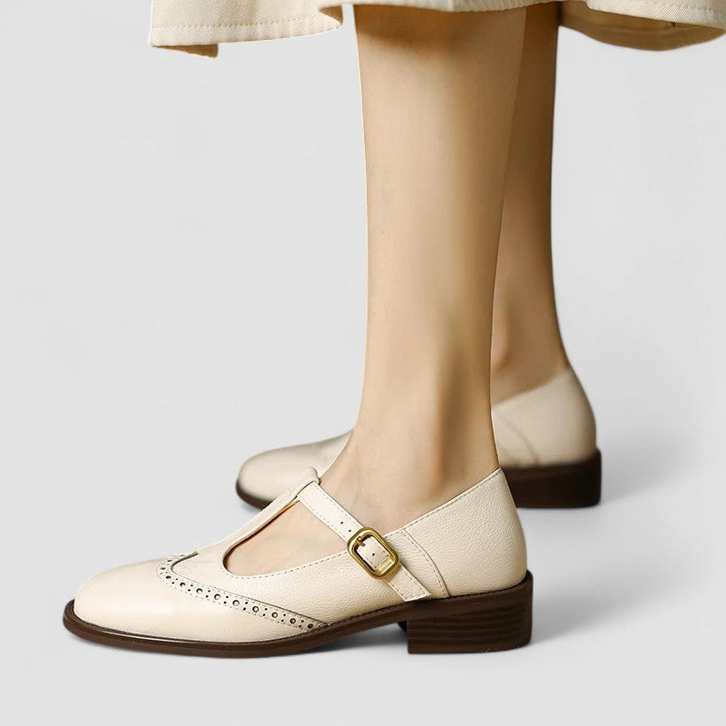 Celestine Browning | Cream Leather T-Strap Brogue Mary Jane Flats