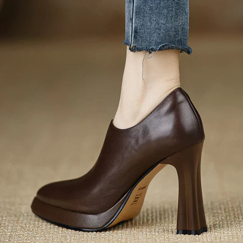 Auriane Blackmoor | Women's Platform Block Heel Pump with Side Zipper in Brown