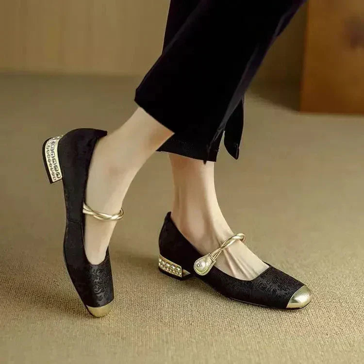 Celestine Ashvale | Green Pearl Strap Mary Jane Low Block Heel