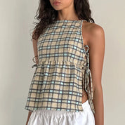 Lorraine Castellfort | Plaid Sleeveless Peplum Tank Top with Bow Ties