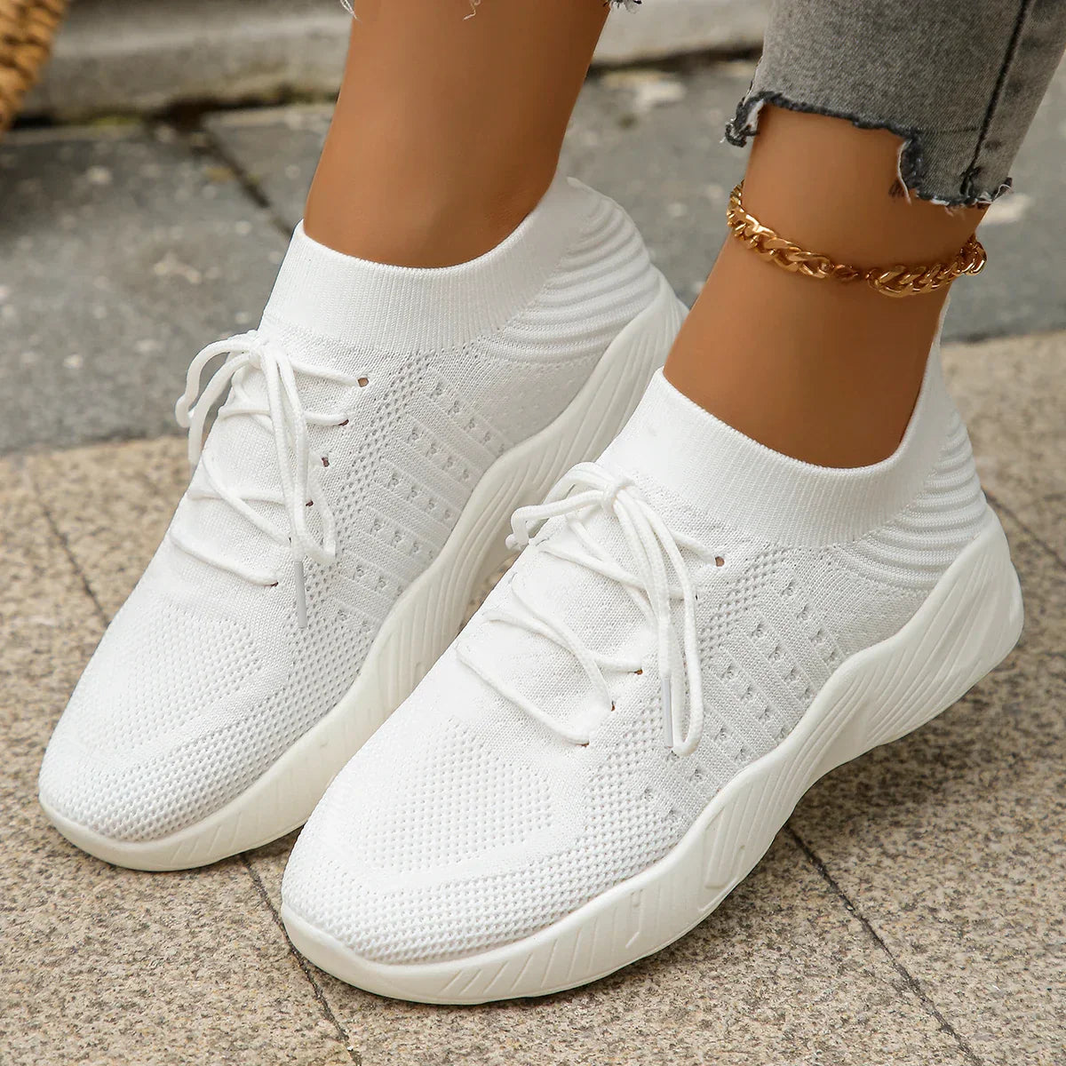 Emmeline Vaudreau | Beige Knit Lace-Up Sneakers for Women