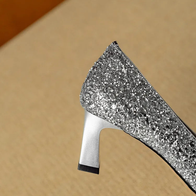 Clarisse Valenthorpe | Gold Glitter Block Heel Pumps with Crystal Buckle
