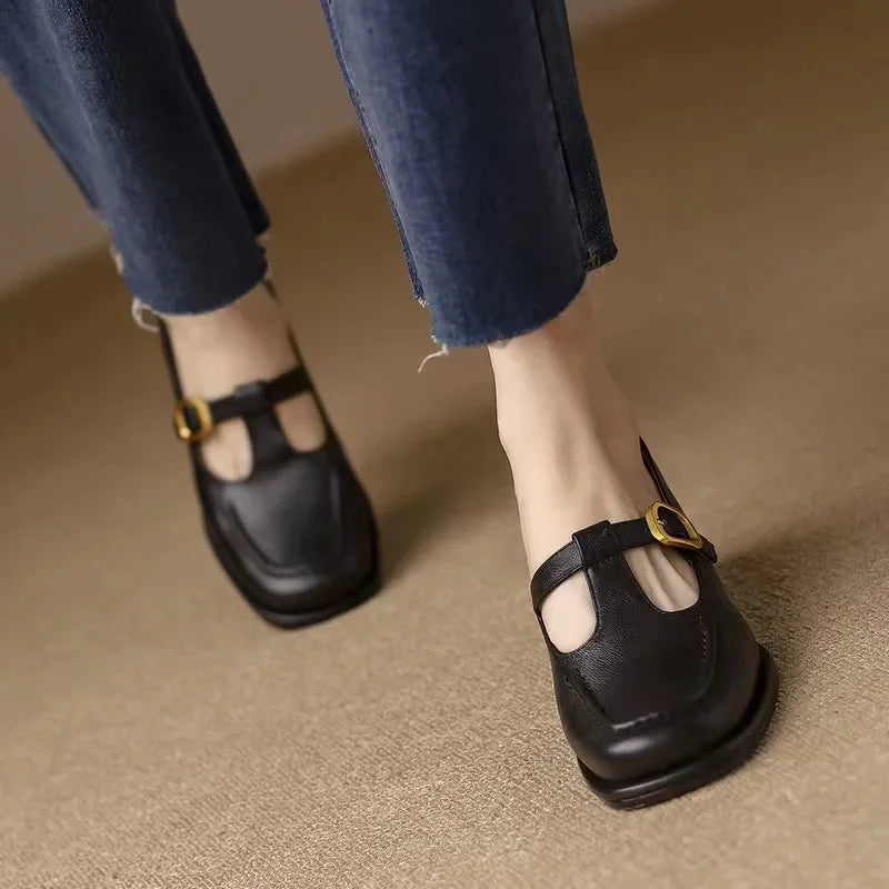 Sylvana Beaumont | Women's T-Strap Mary Jane Shoes Square Toe Low Block Heel