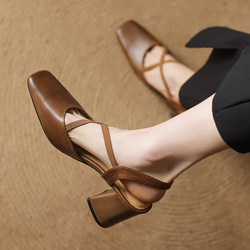 Aurelie Blackmore | Tan Leather Block Heel Slingback Sandal