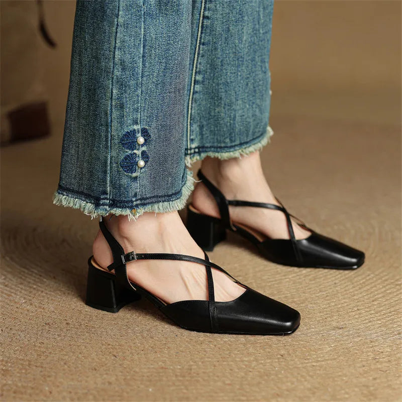 Seraphine Bellecourt | Red Leather Block Heel Slingback Sandals